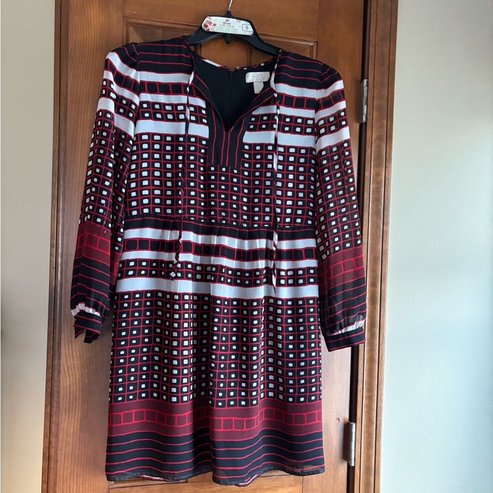 Loft: Stylish Red and Black Patterned Dress